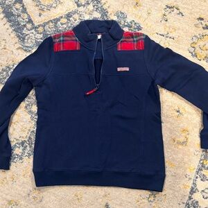 Vineyard Vines Navy Zip-Up Sweater with Red Plaid